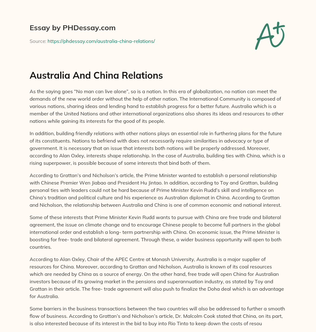 australia vs china economy essay