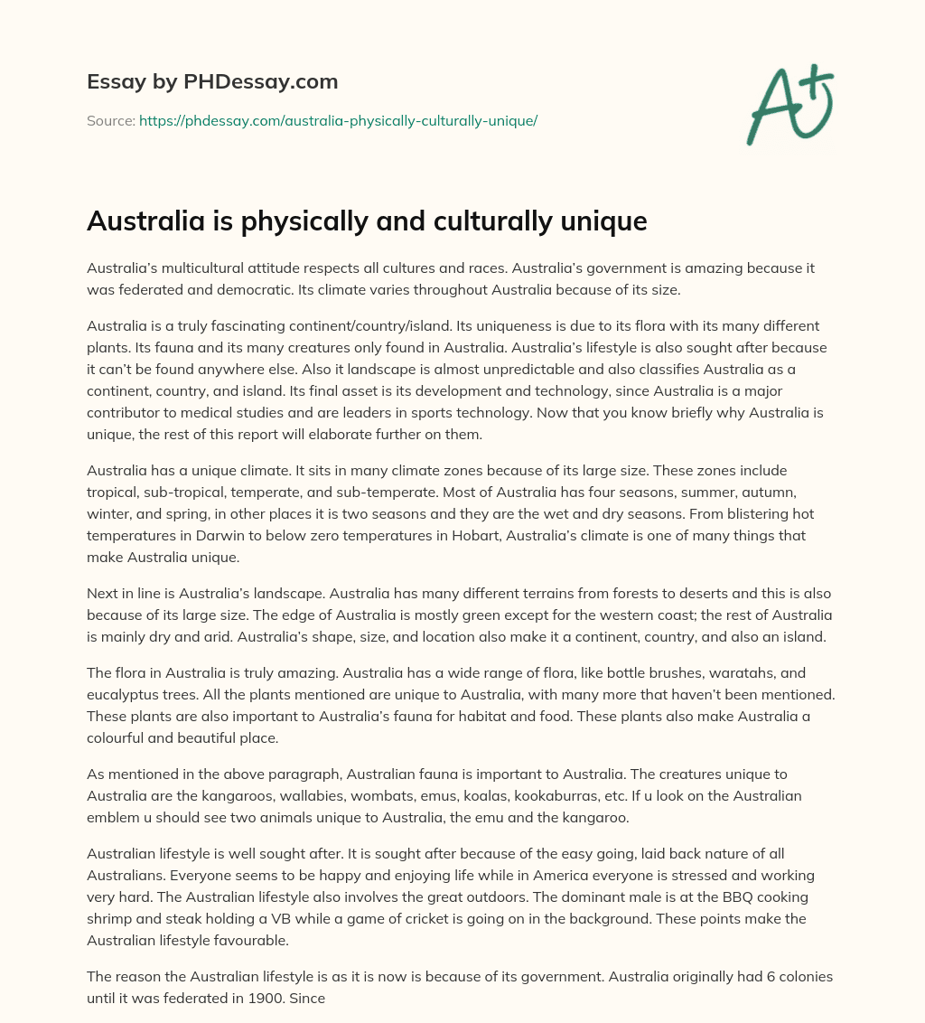 Australia is physically and culturally unique essay