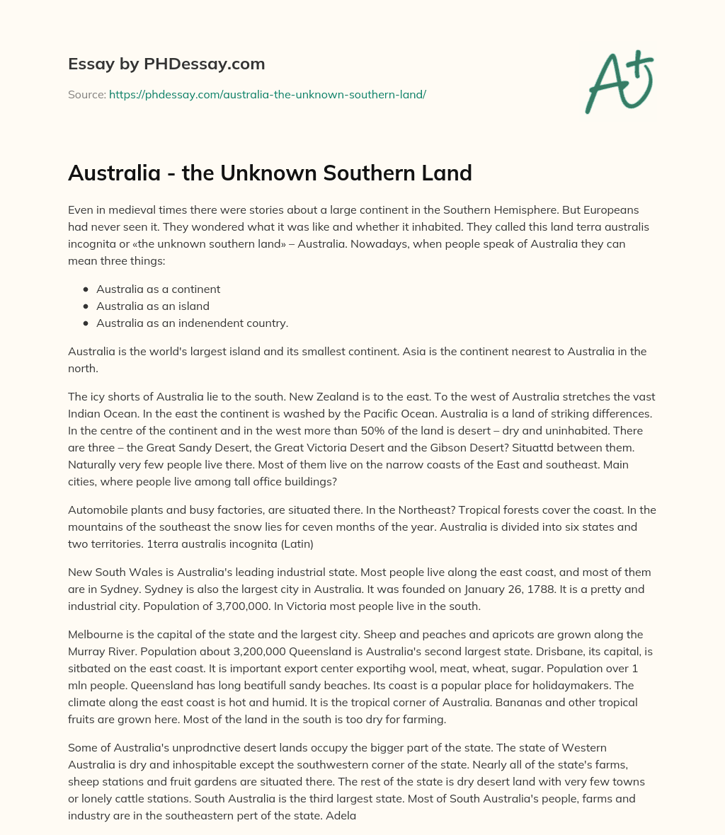 Australia – the Unknown Southern Land essay