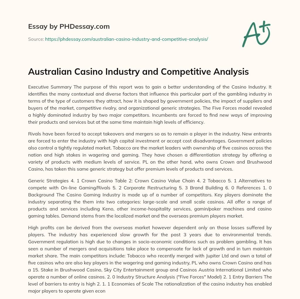 Australian Casino Industry and Competitive Analysis essay