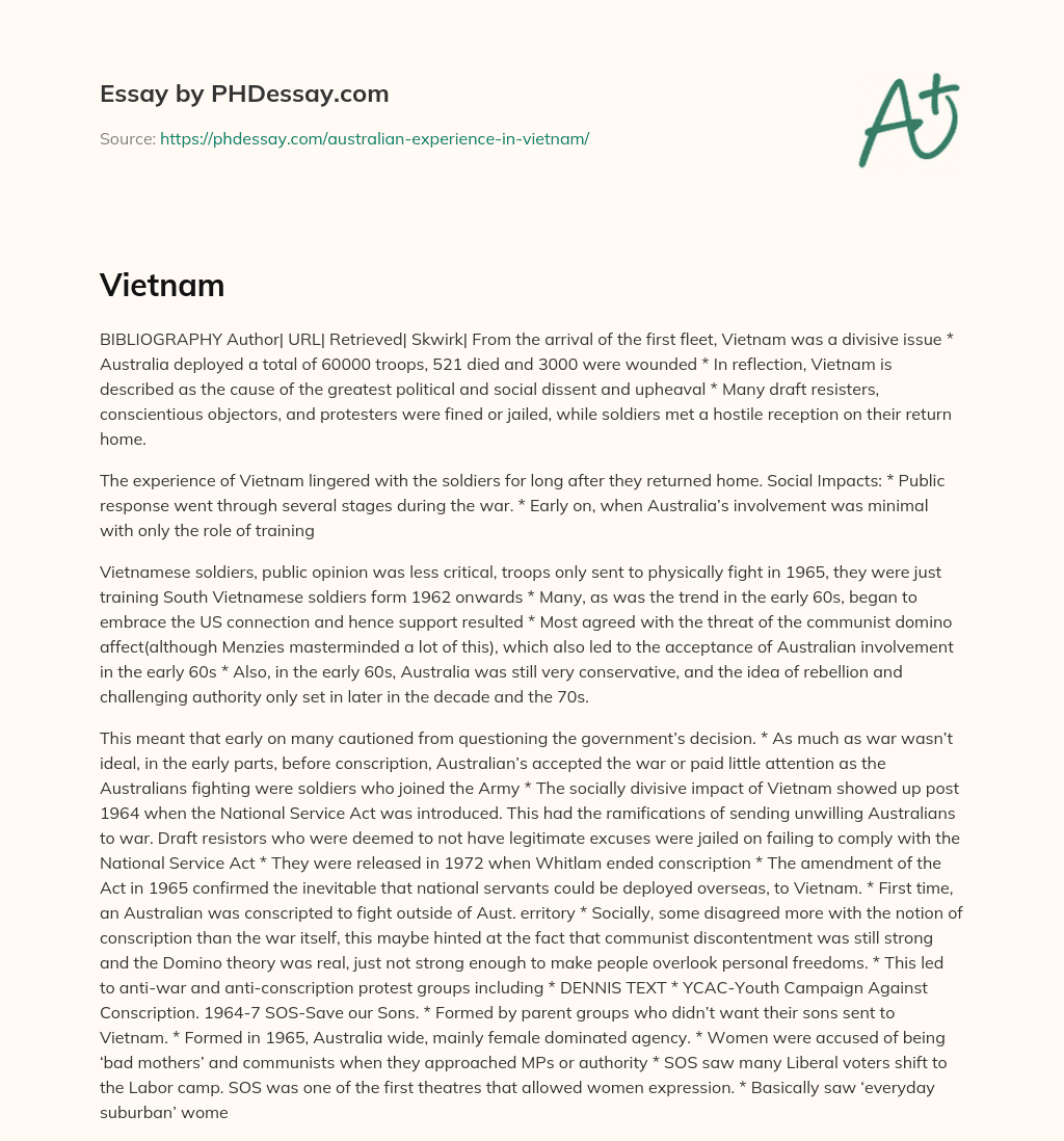 Vietnam War Bibliography: Impact on Australia’s Society and Politics essay