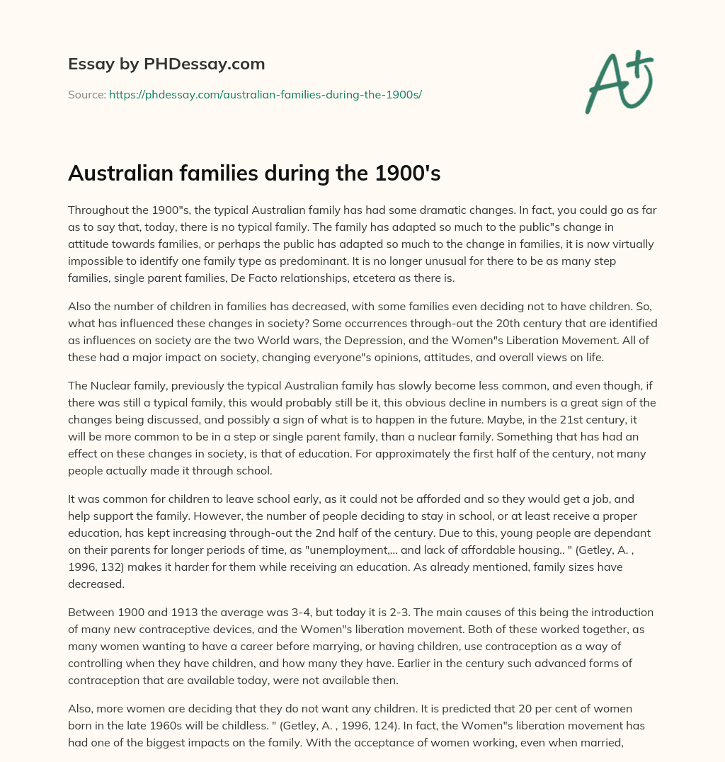 Australian families during the 1900’s essay