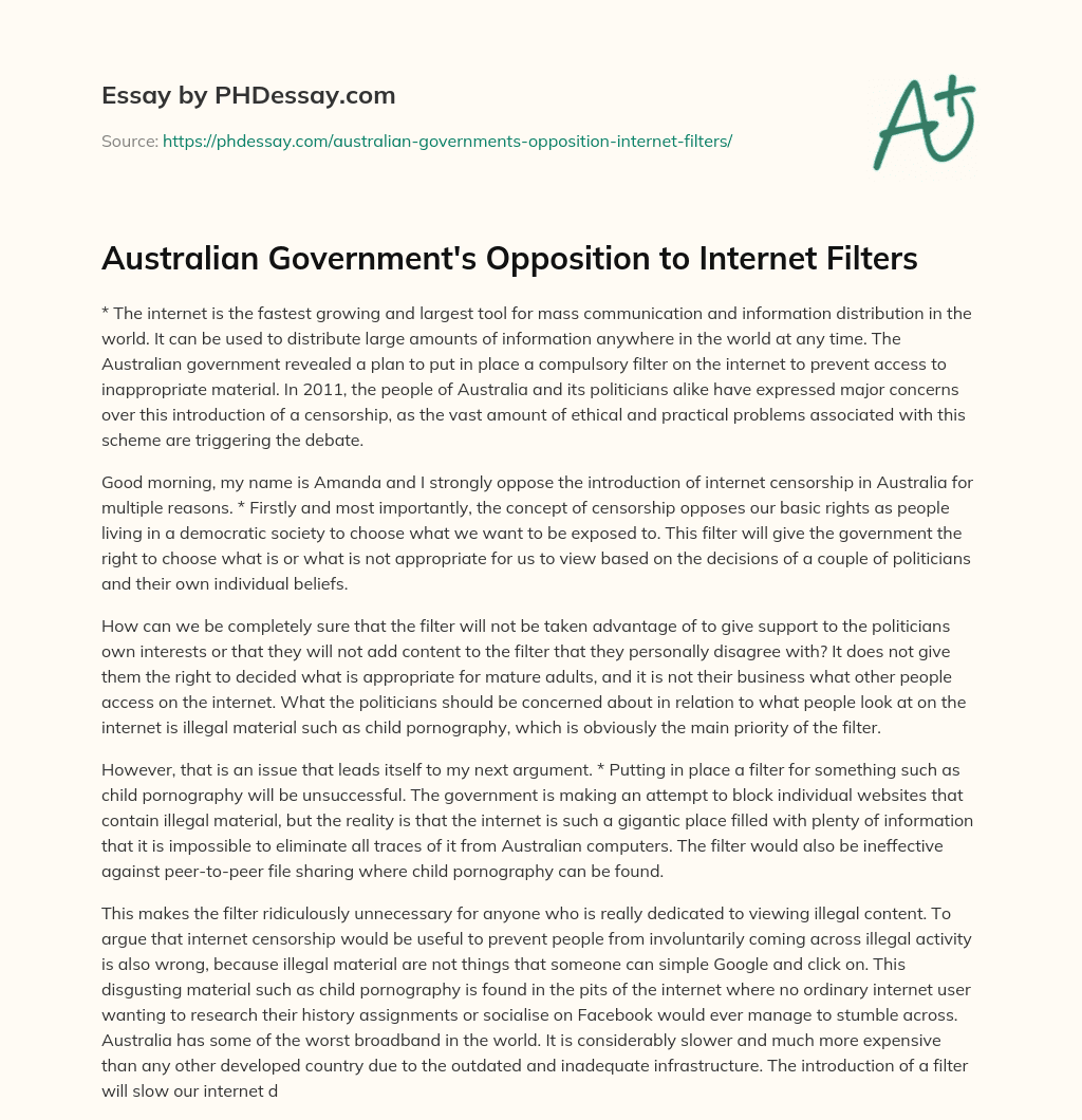 Australian Government’s Opposition to Internet Filters essay