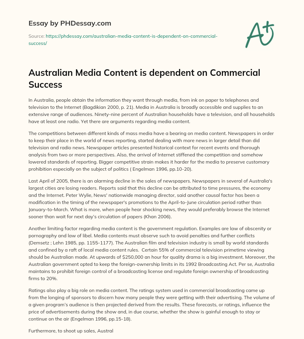 Australian Media Content is dependent on Commercial Success essay