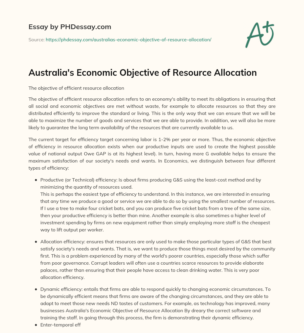 Australia’s Economic Objective of Resource Allocation essay