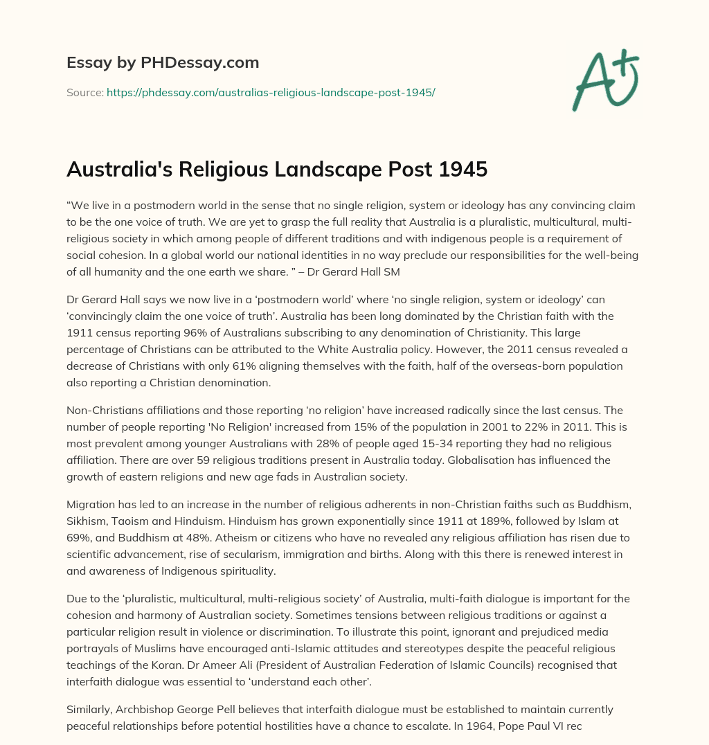 Australia’s Religious Landscape Post 1945 essay