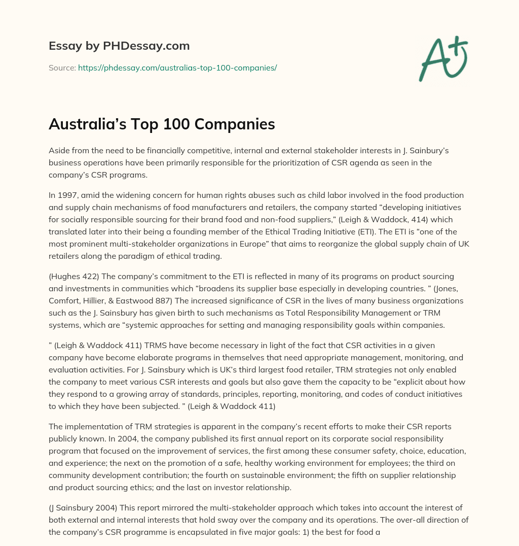 Australia’s Top 100 Companies essay