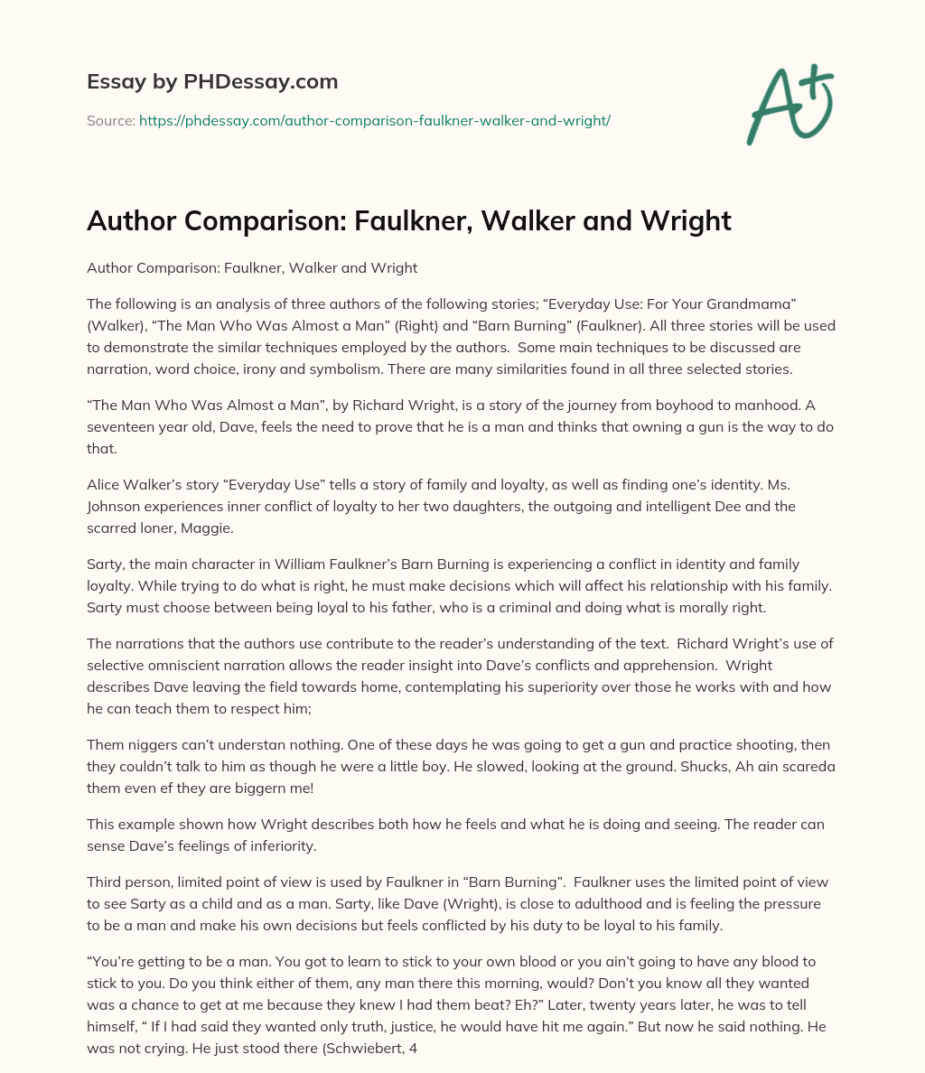 Author Comparison: Faulkner, Walker and Wright essay