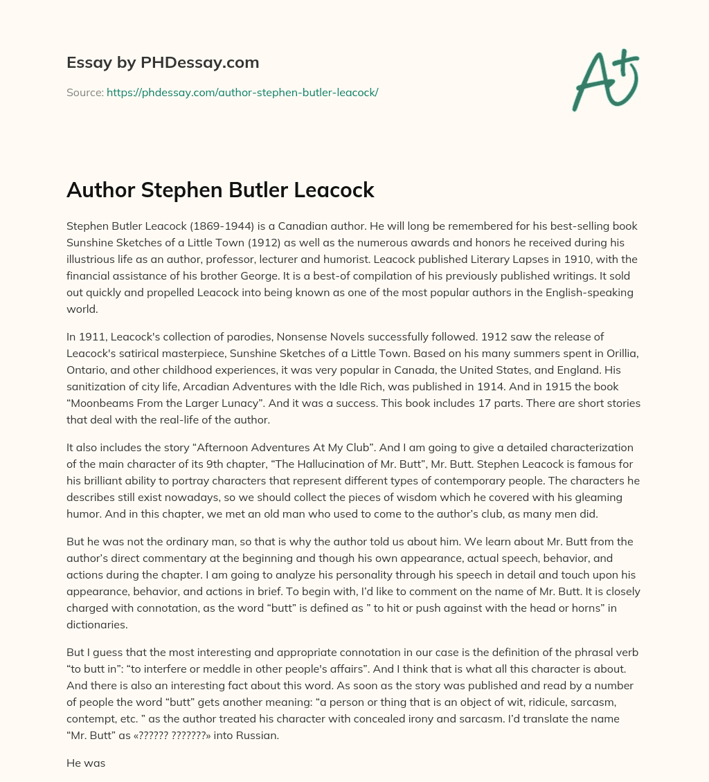 Author Stephen Butler Leacock essay