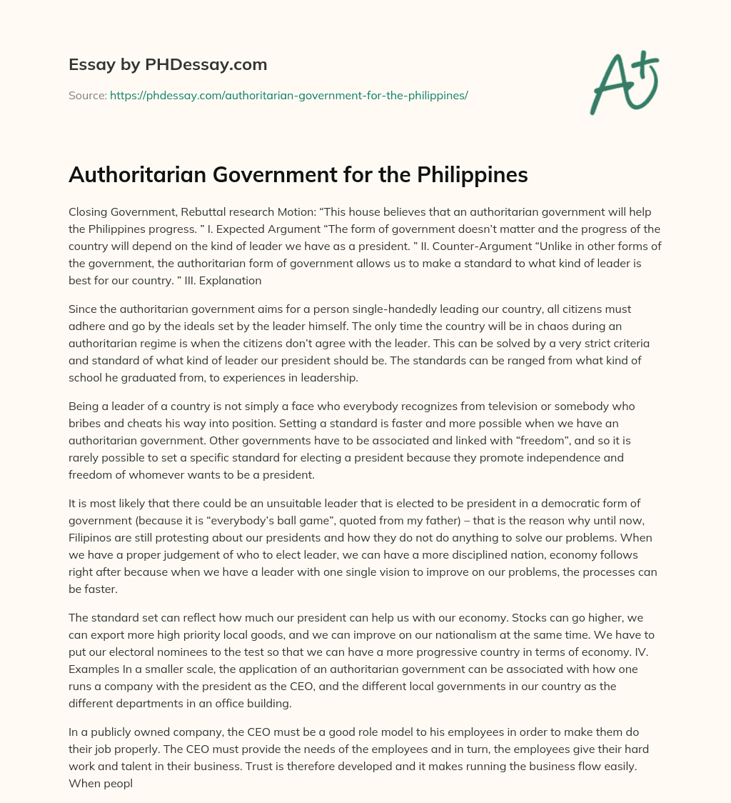Authoritarian Government for the Philippines essay