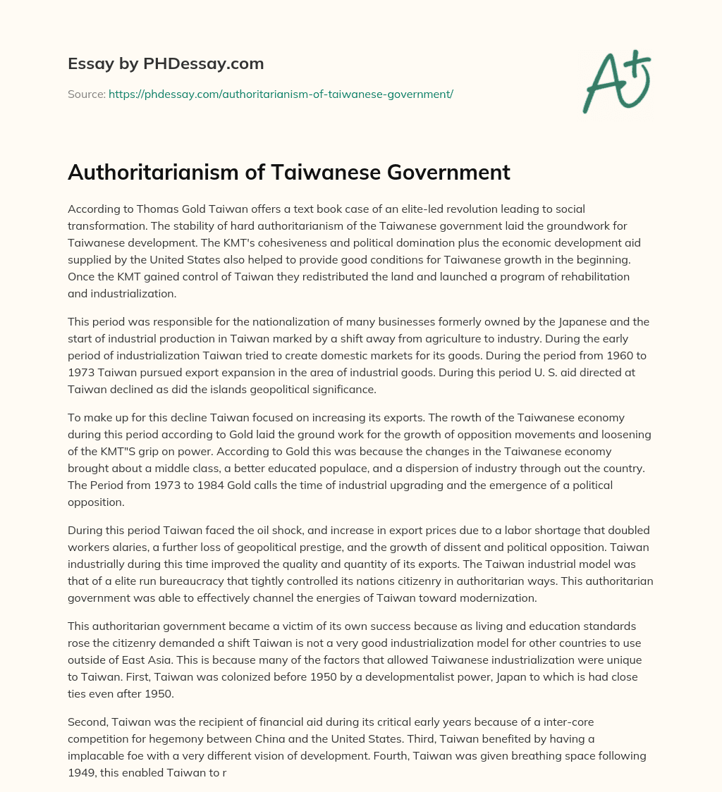 Authoritarianism of Taiwanese Government essay