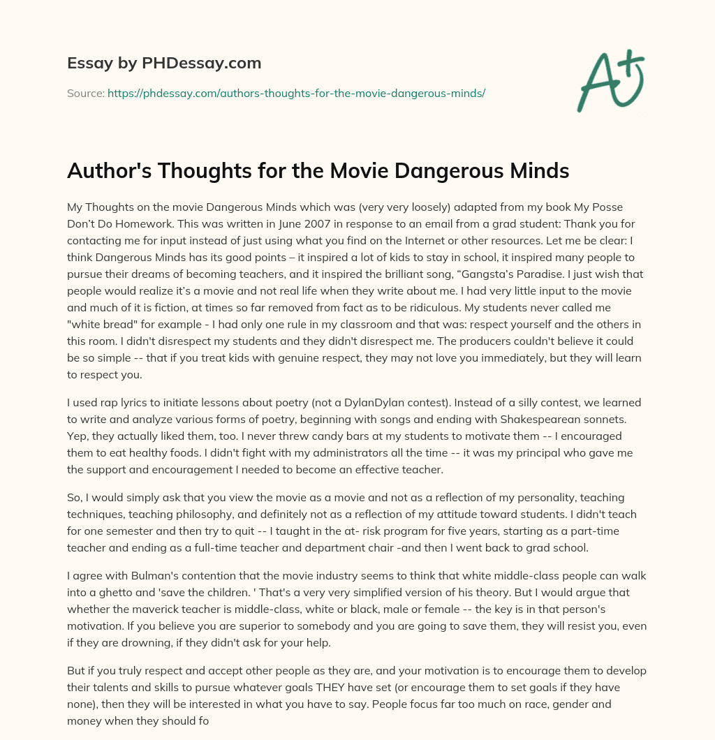 Author’s Thoughts for the Movie Dangerous Minds essay
