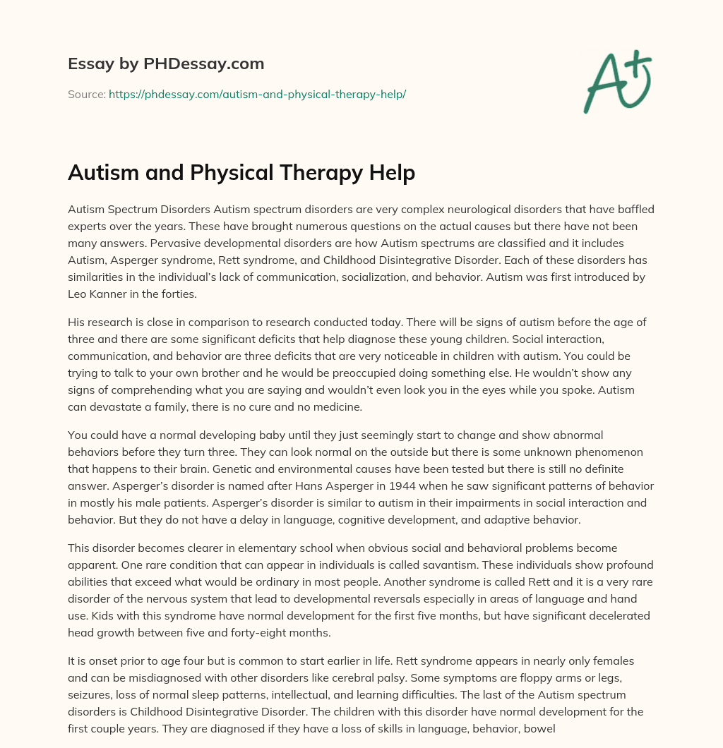Autism and Physical Therapy Help essay