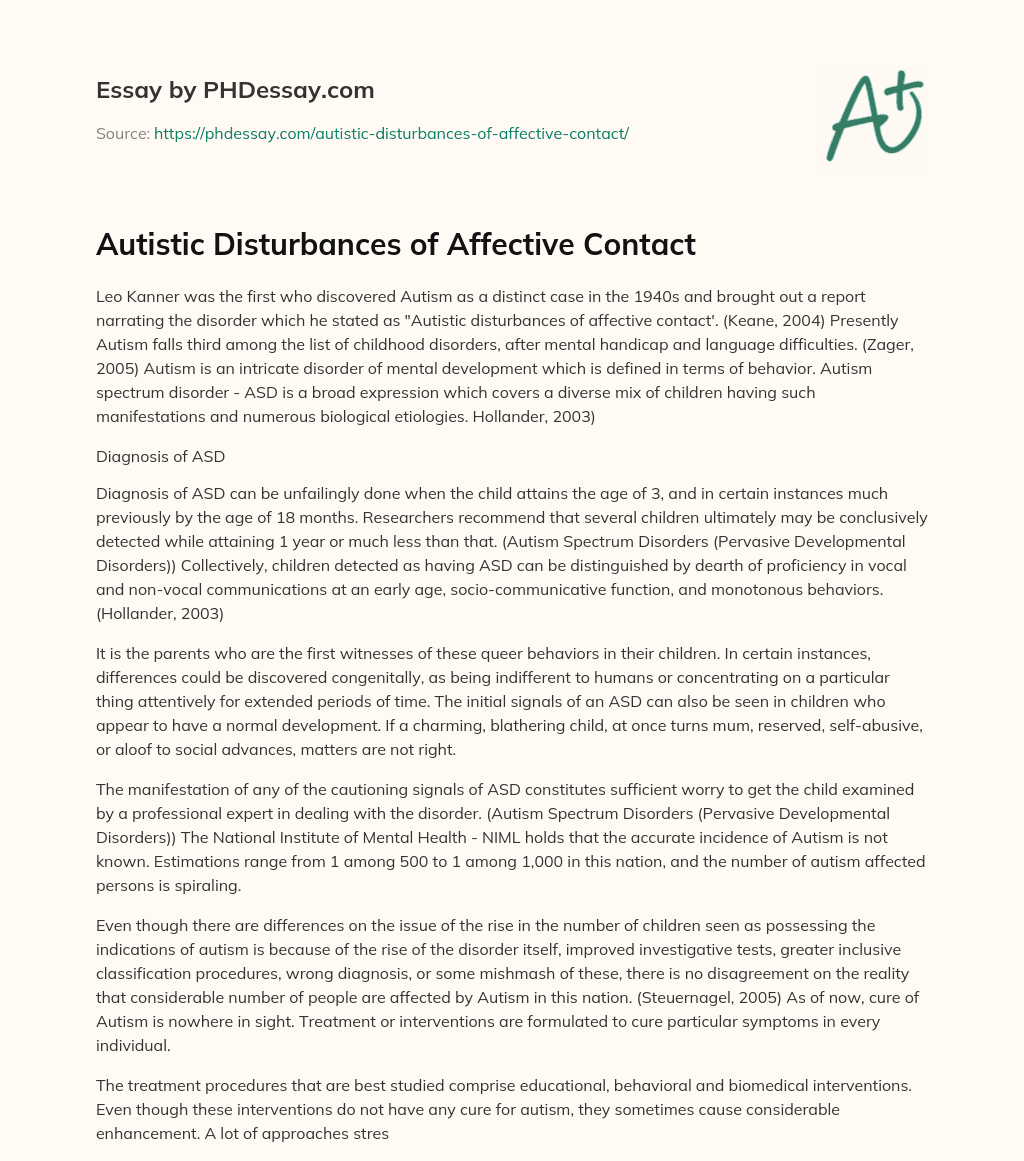 Autistic Disturbances of Affective Contact essay