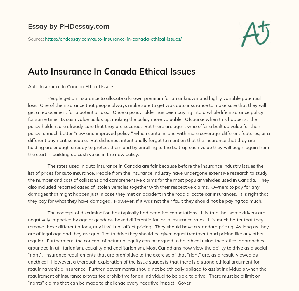 Auto Insurance In Canada Ethical Issues essay