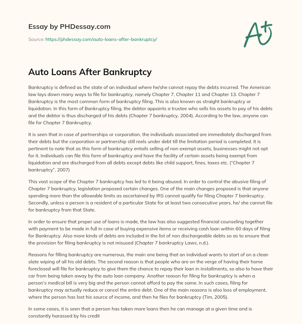 Auto Loans After Bankruptcy essay