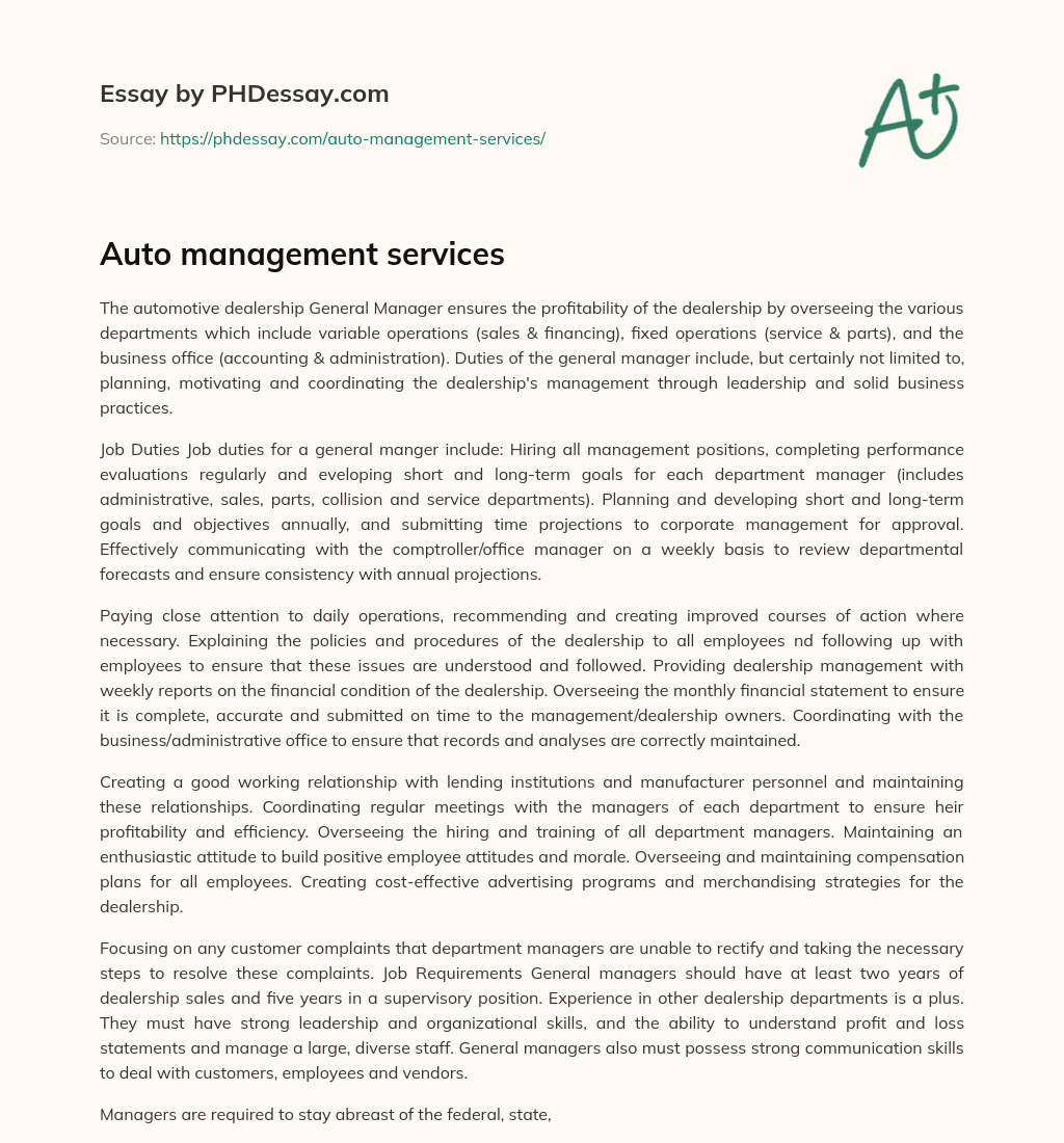 Auto management services essay