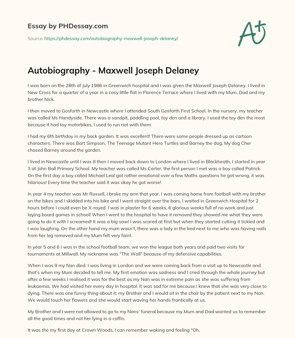 Autobiography – Maxwell Joseph Delaney essay