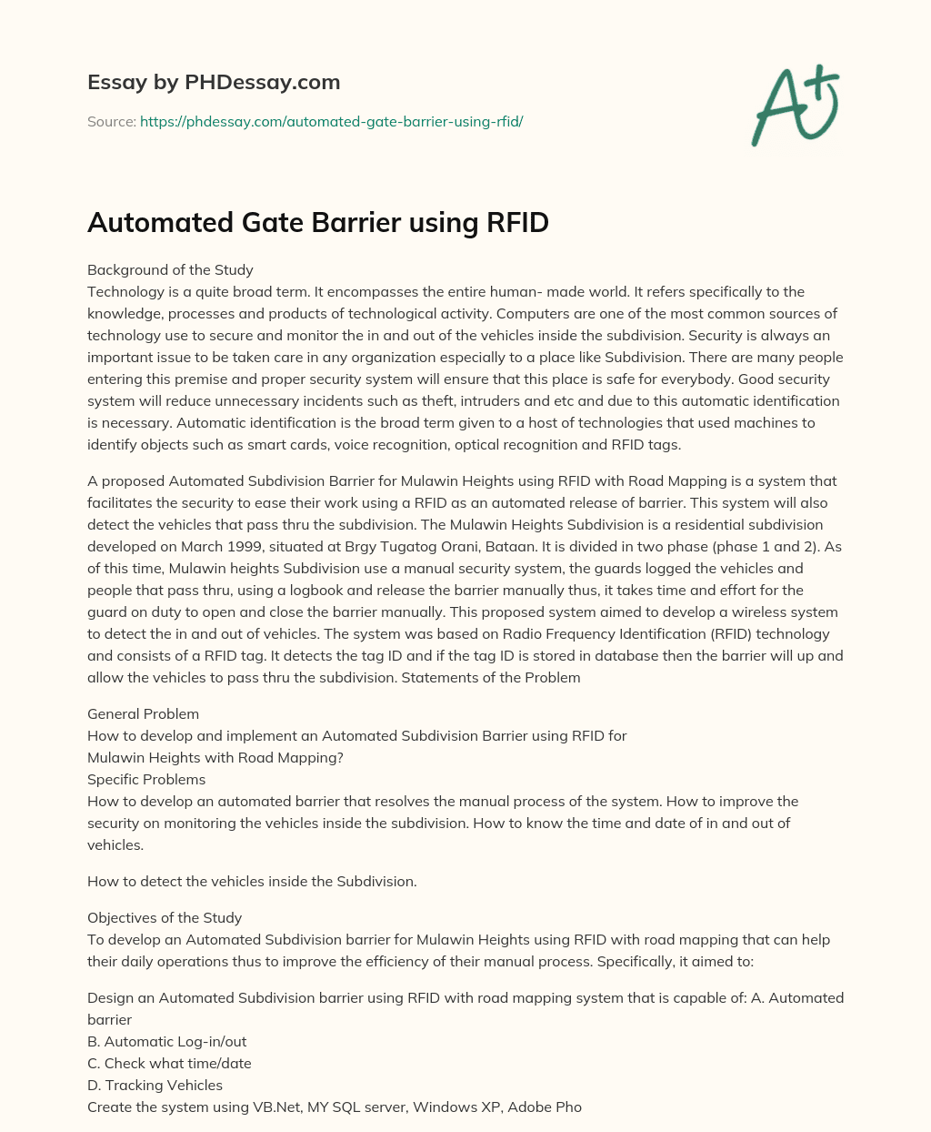 Automated Gate Barrier using RFID essay