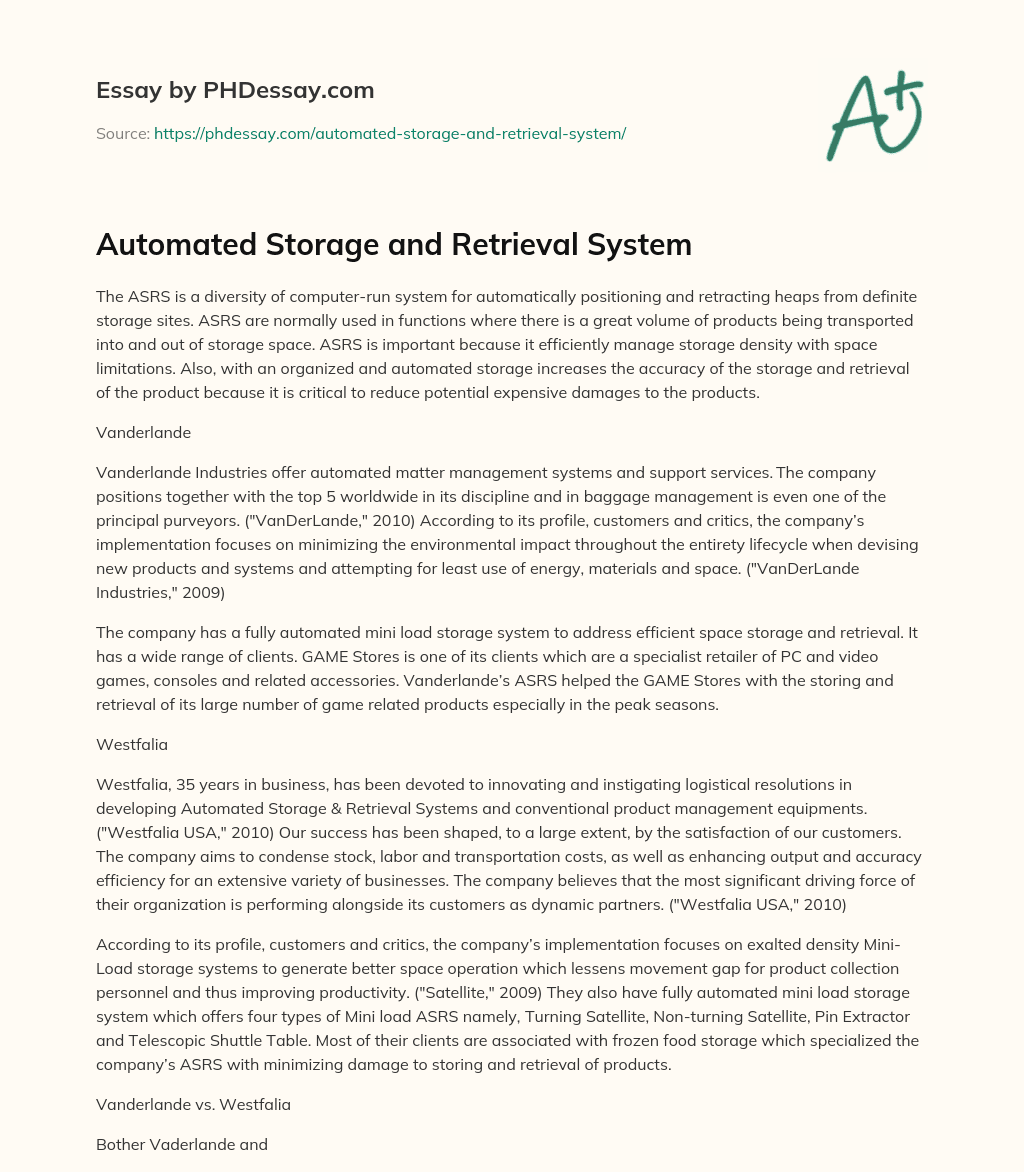 Automated Storage And Retrieval System Definition Example