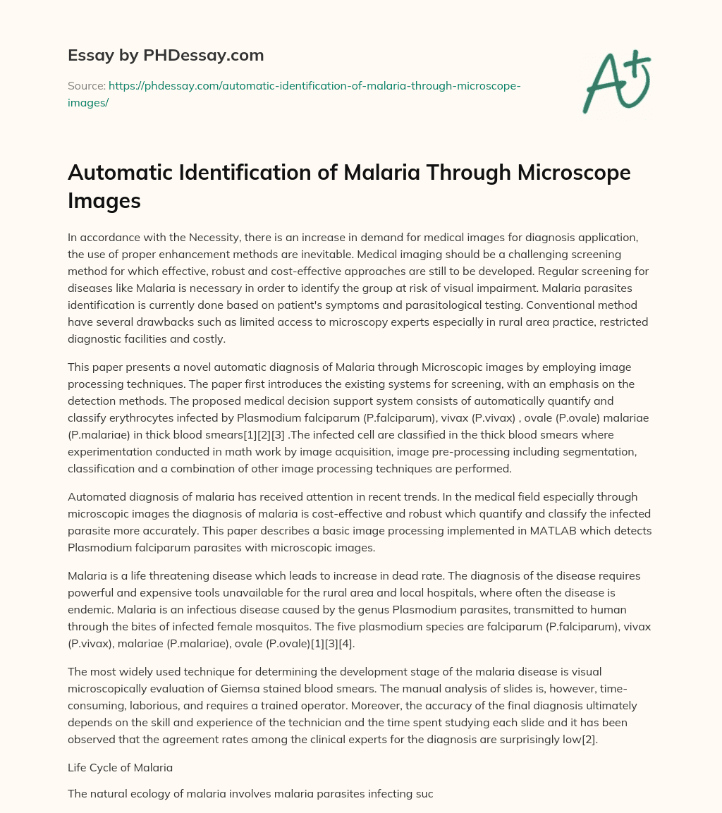 Automatic Identification of Malaria Through Microscope Images essay