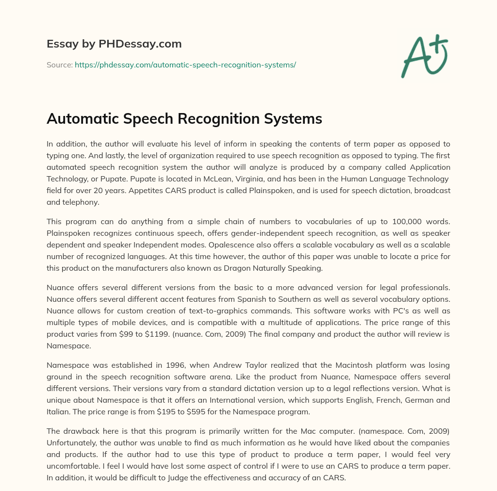 Automatic Speech Recognition Systems essay