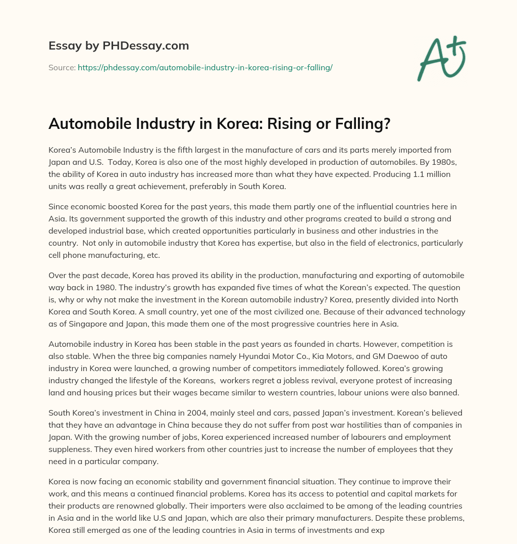 Automobile Industry in Korea: Rising or Falling? essay