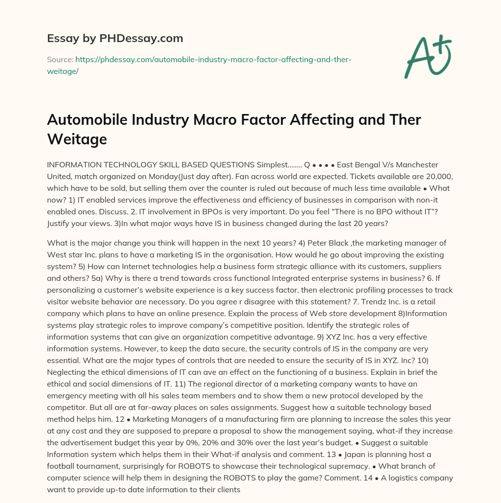 Automobile Industry Macro Factor Affecting and Ther Weitage essay