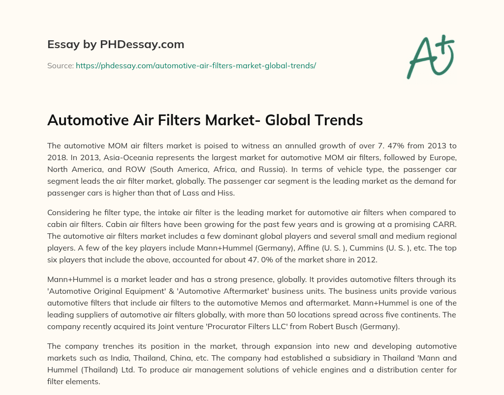 Automotive Air Filters Market- Global Trends essay