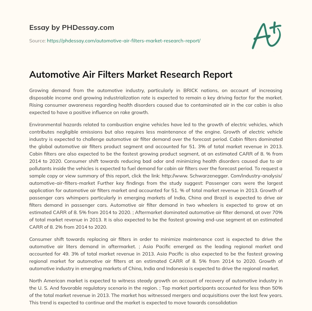 Automotive Air Filters Market Research Report essay
