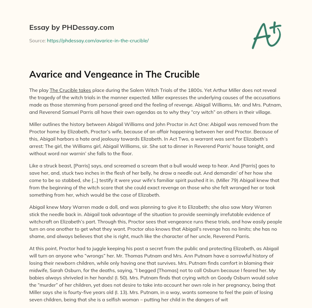Avarice and Vengeance in The Crucible essay
