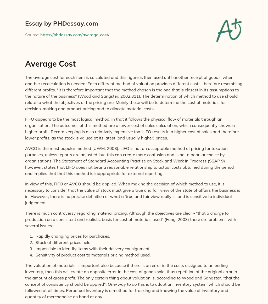 Methods of Valuation for Pricing and Profit Analysis essay