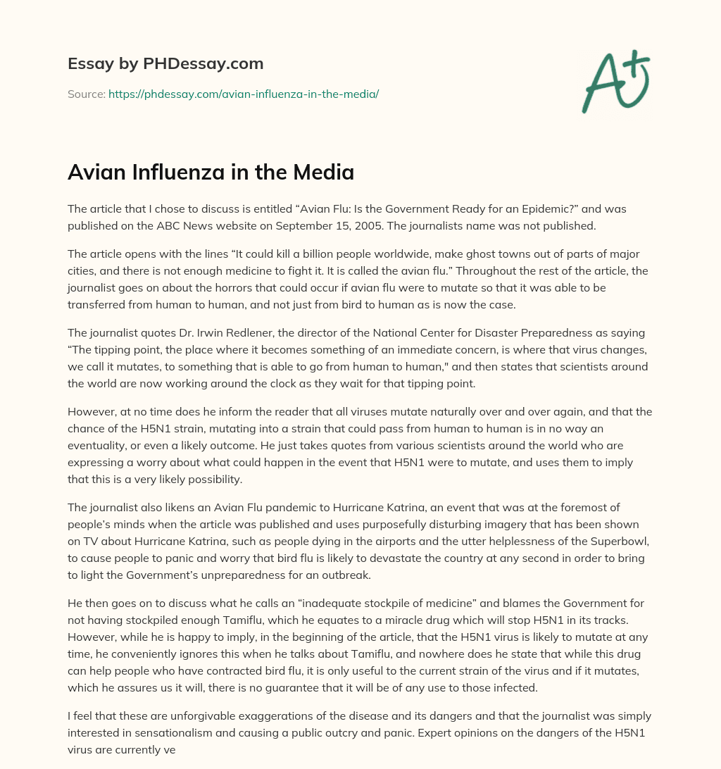 Avian Influenza in the Media essay