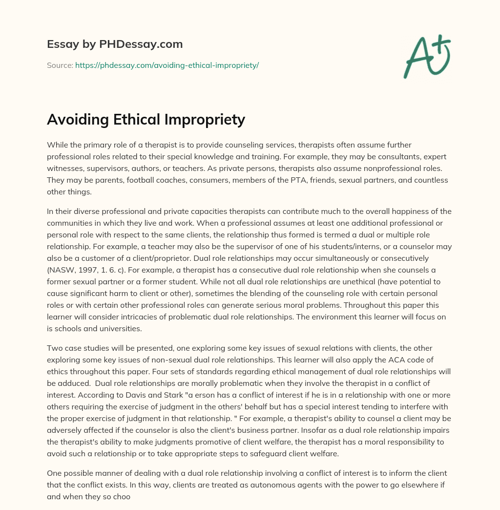 Avoiding Ethical Impropriety essay