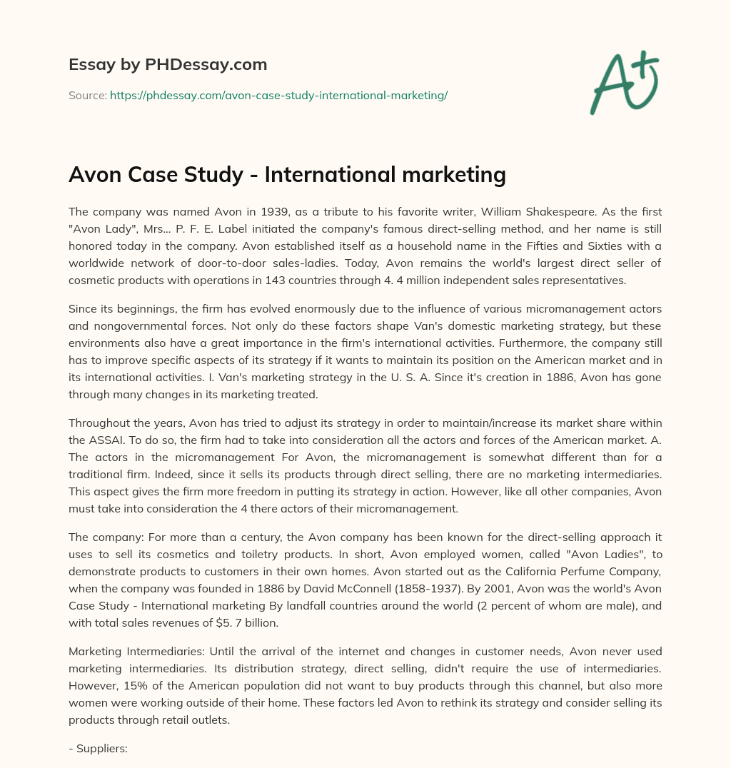 Avon Case Study – International marketing essay