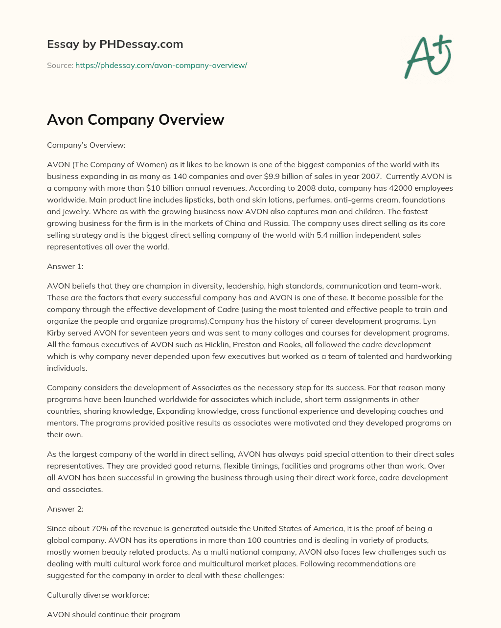 Avon Company Overview essay