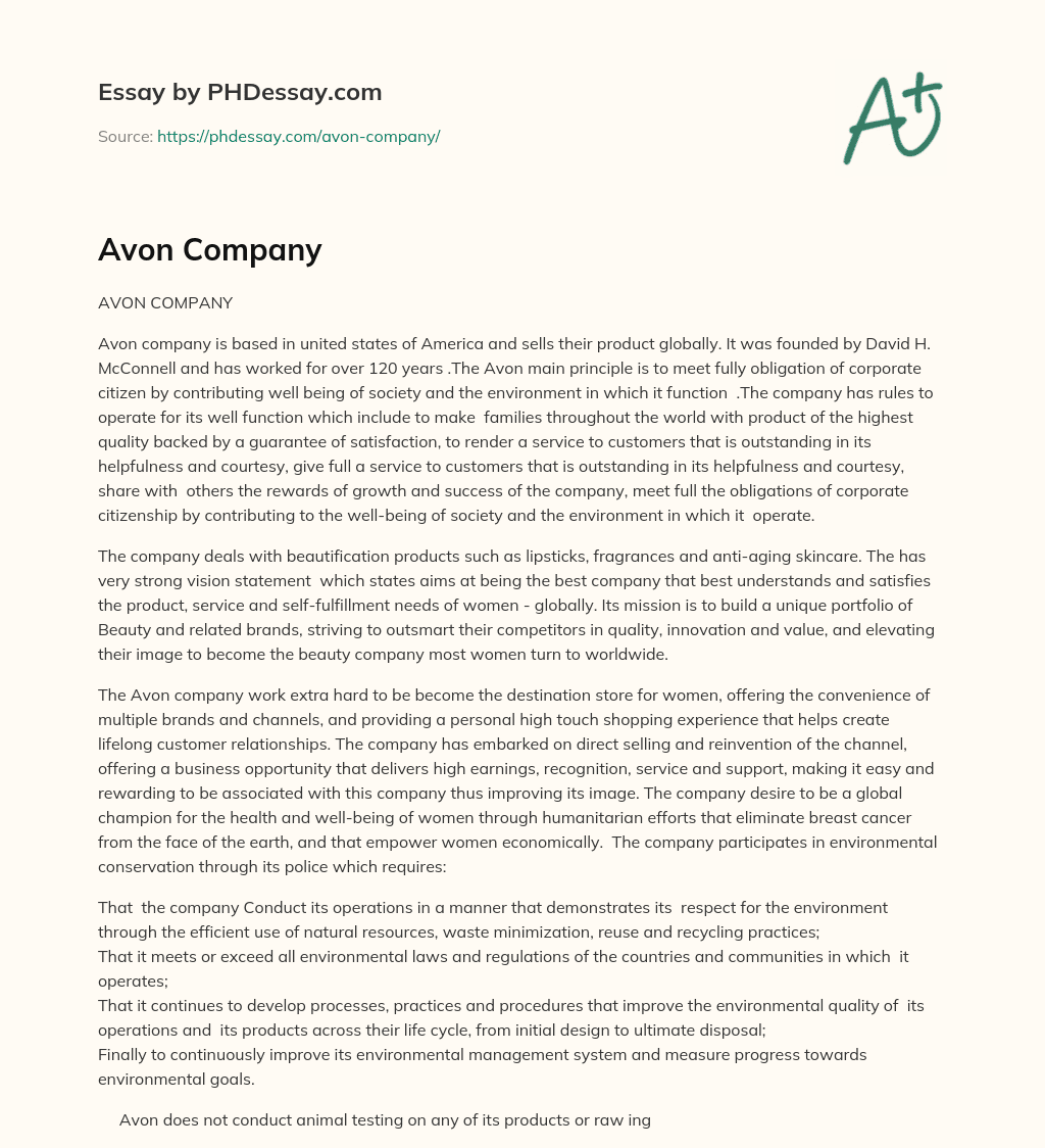 Avon’s Commitment to Corporate Citizenship and Beauty Products essay