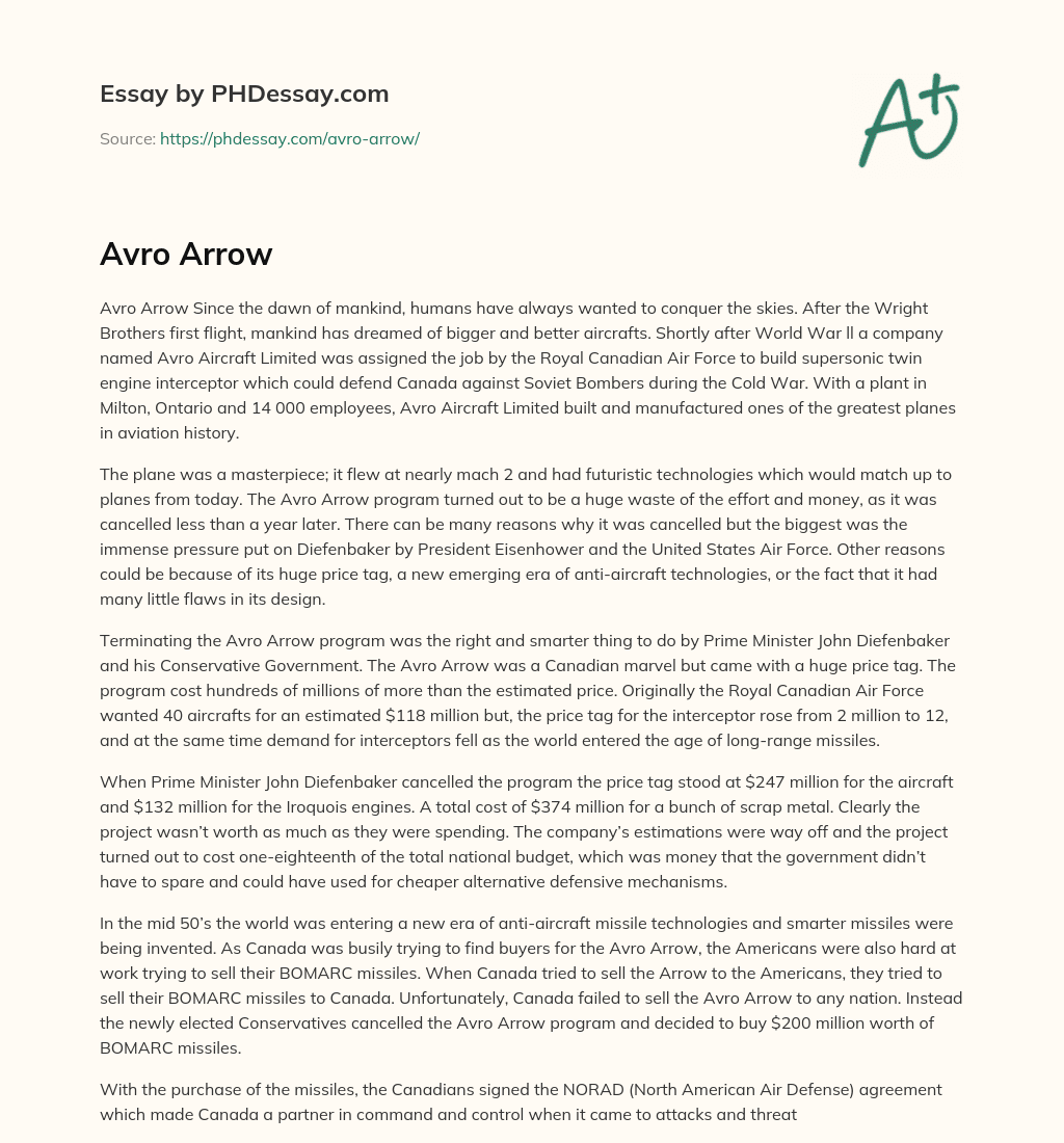 Avro Arrow: The Rise and Fall of Canada’s Supersonic Interceptor essay