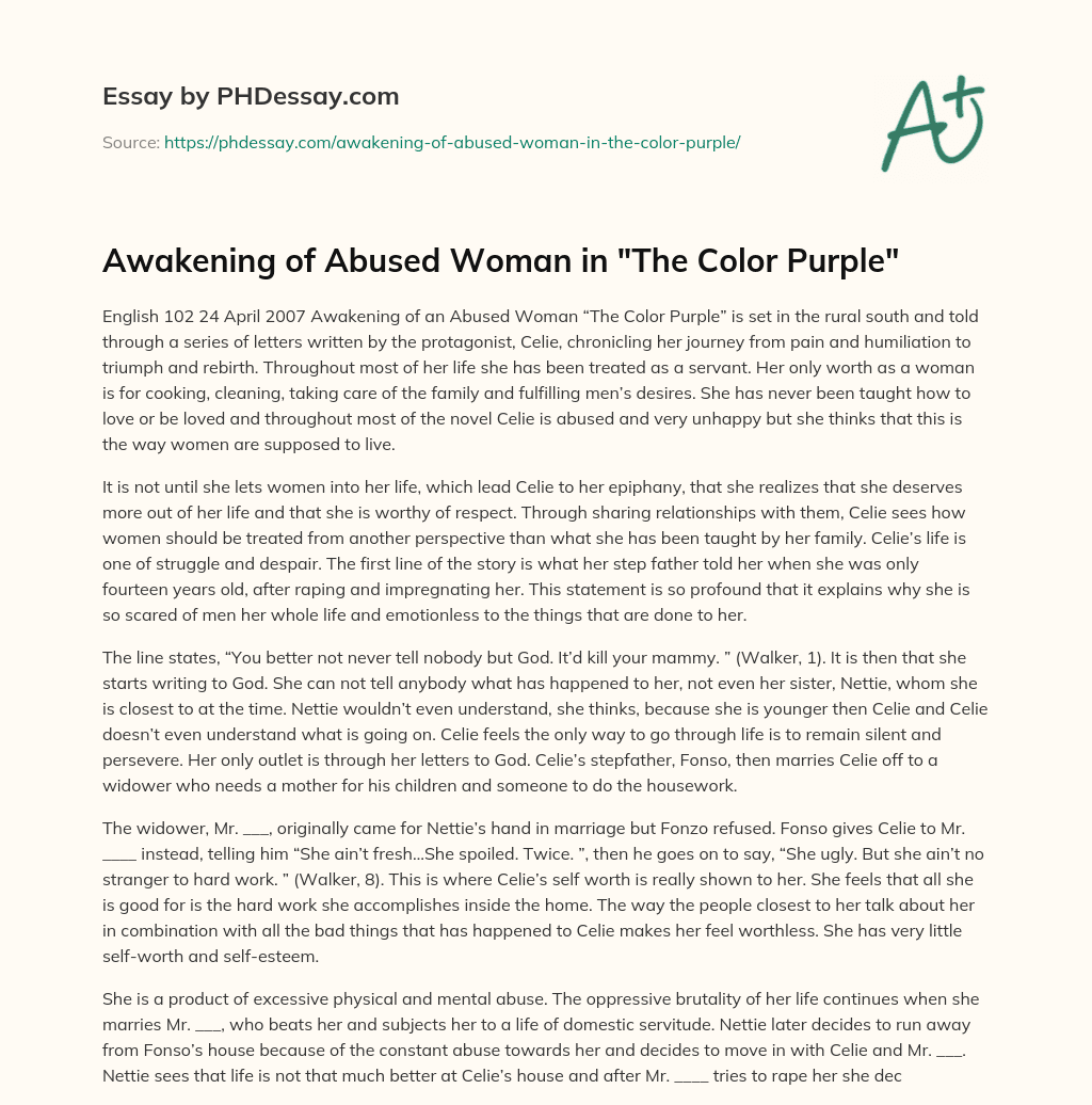 Awakening of Abused Woman in “The Color Purple” essay