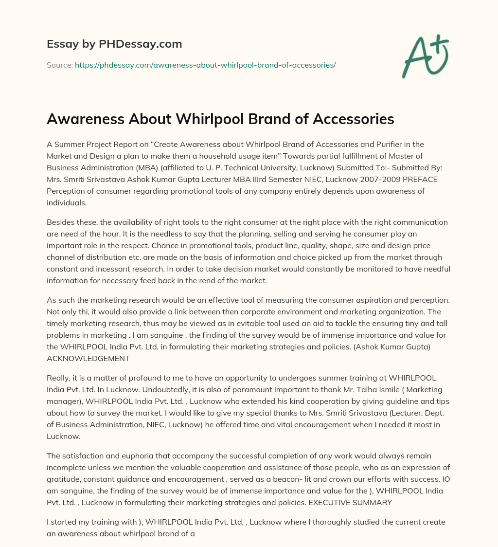 Awareness About Whirlpool Brand of Accessories essay