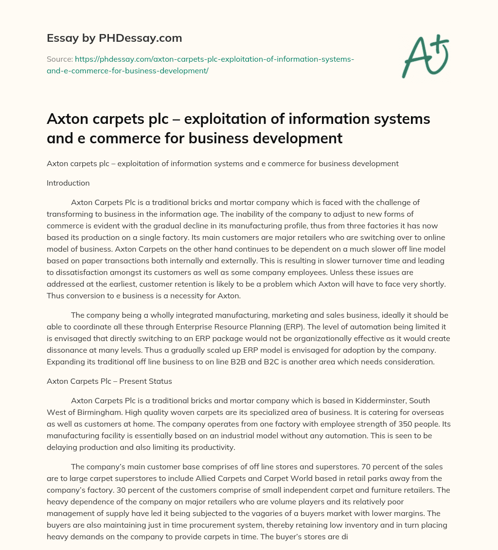Axton Carpets PLC: The Need for E-Commerce and Information Systems for Business Development essay