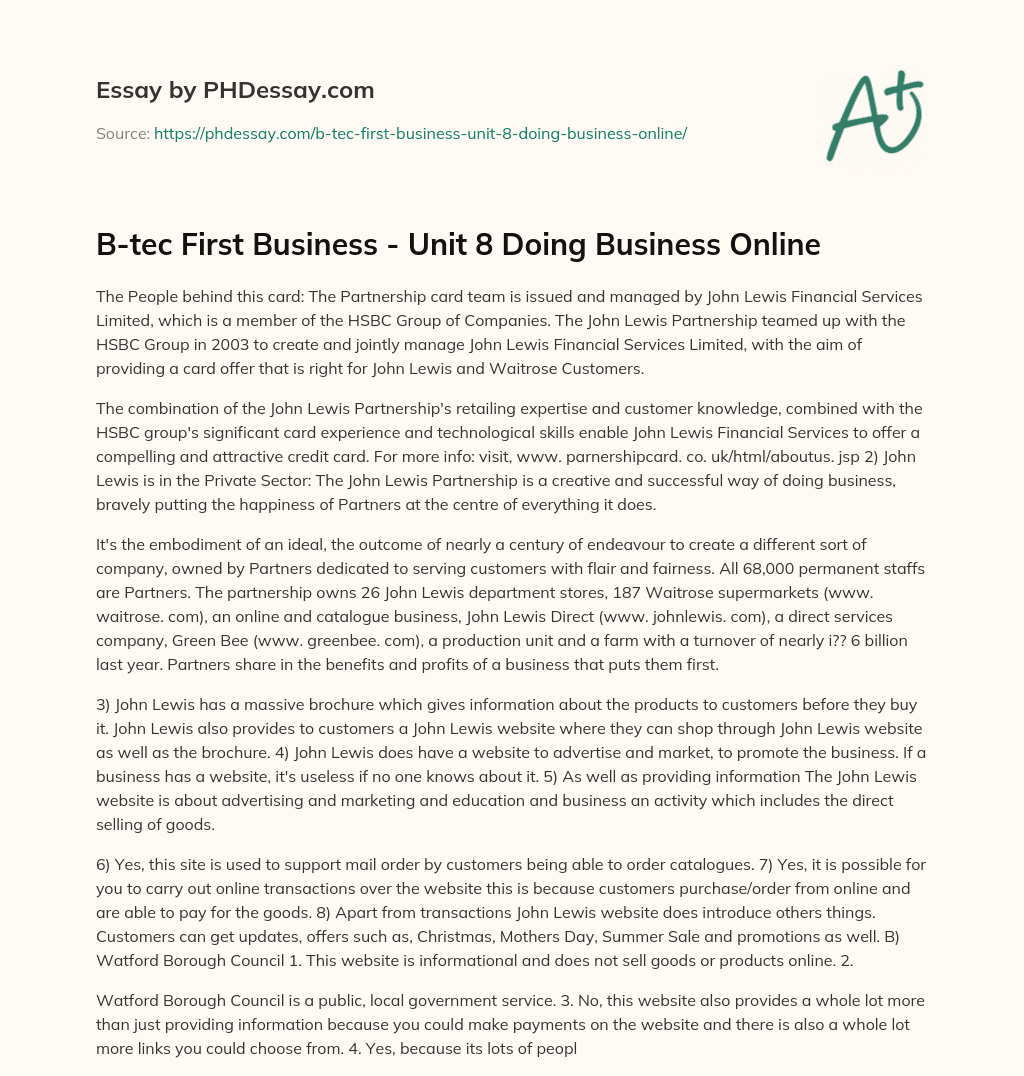 B-tec First Business – Unit 8 Doing Business Online essay