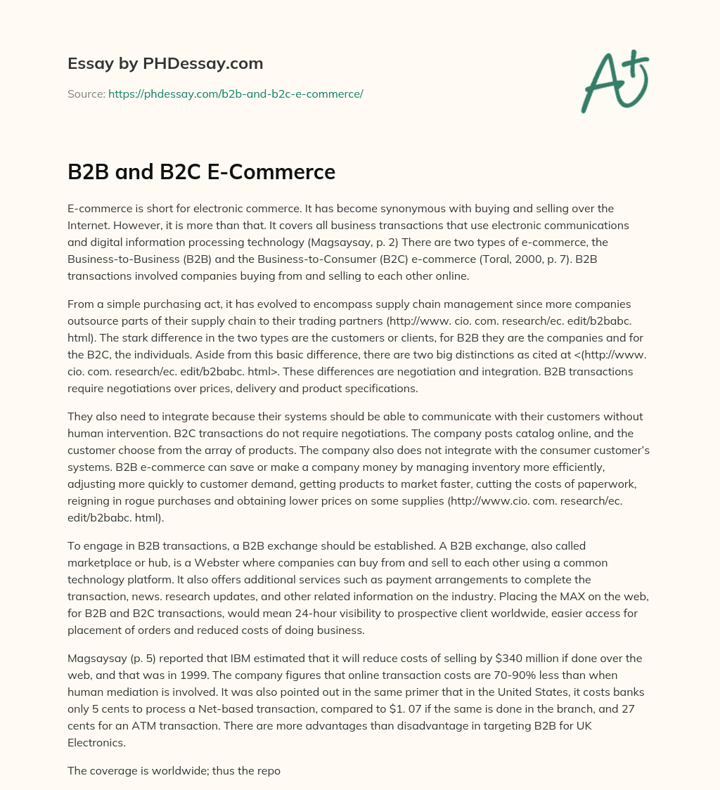B2B and B2C E-Commerce essay