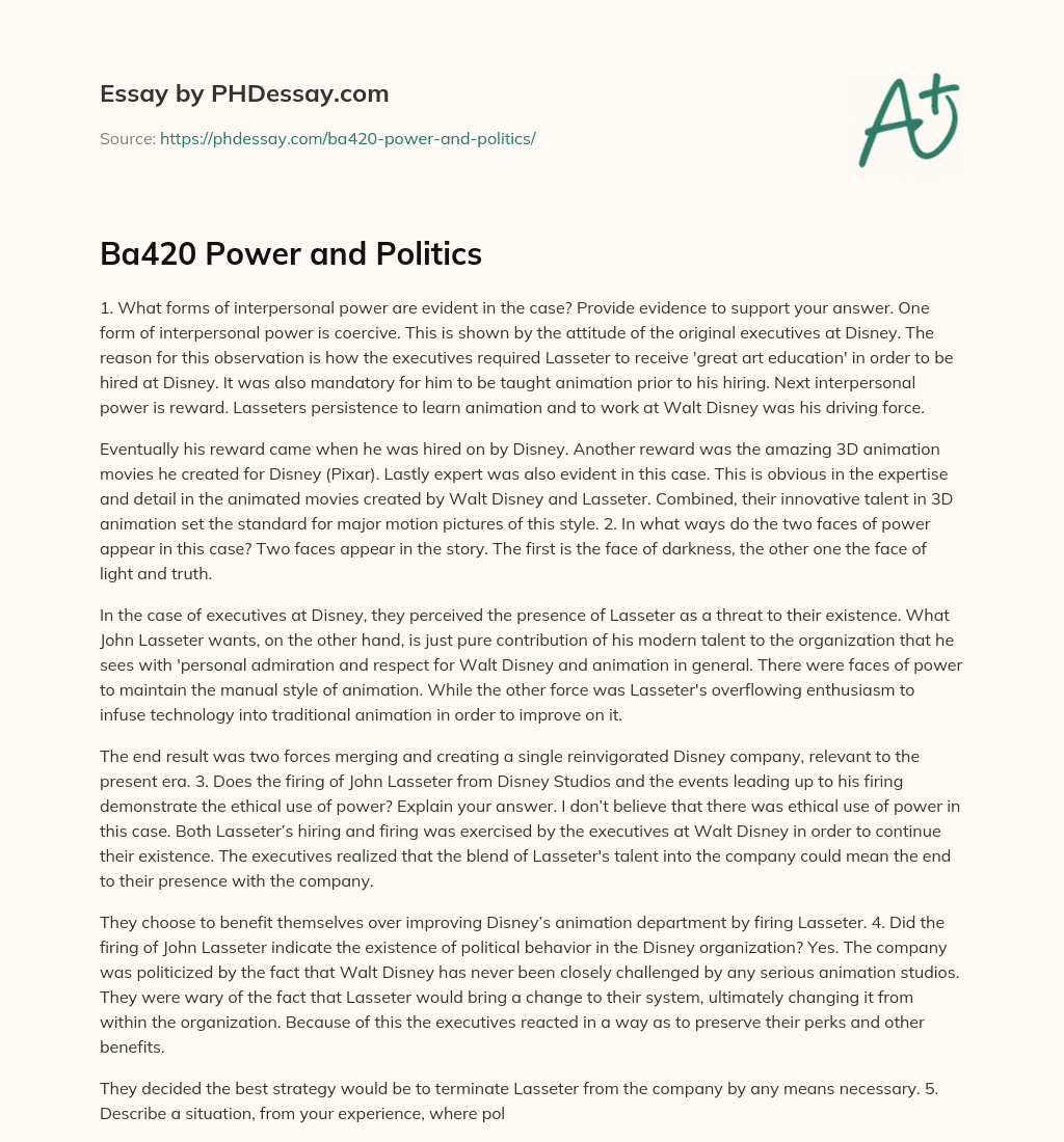 Ba420 Power and Politics essay