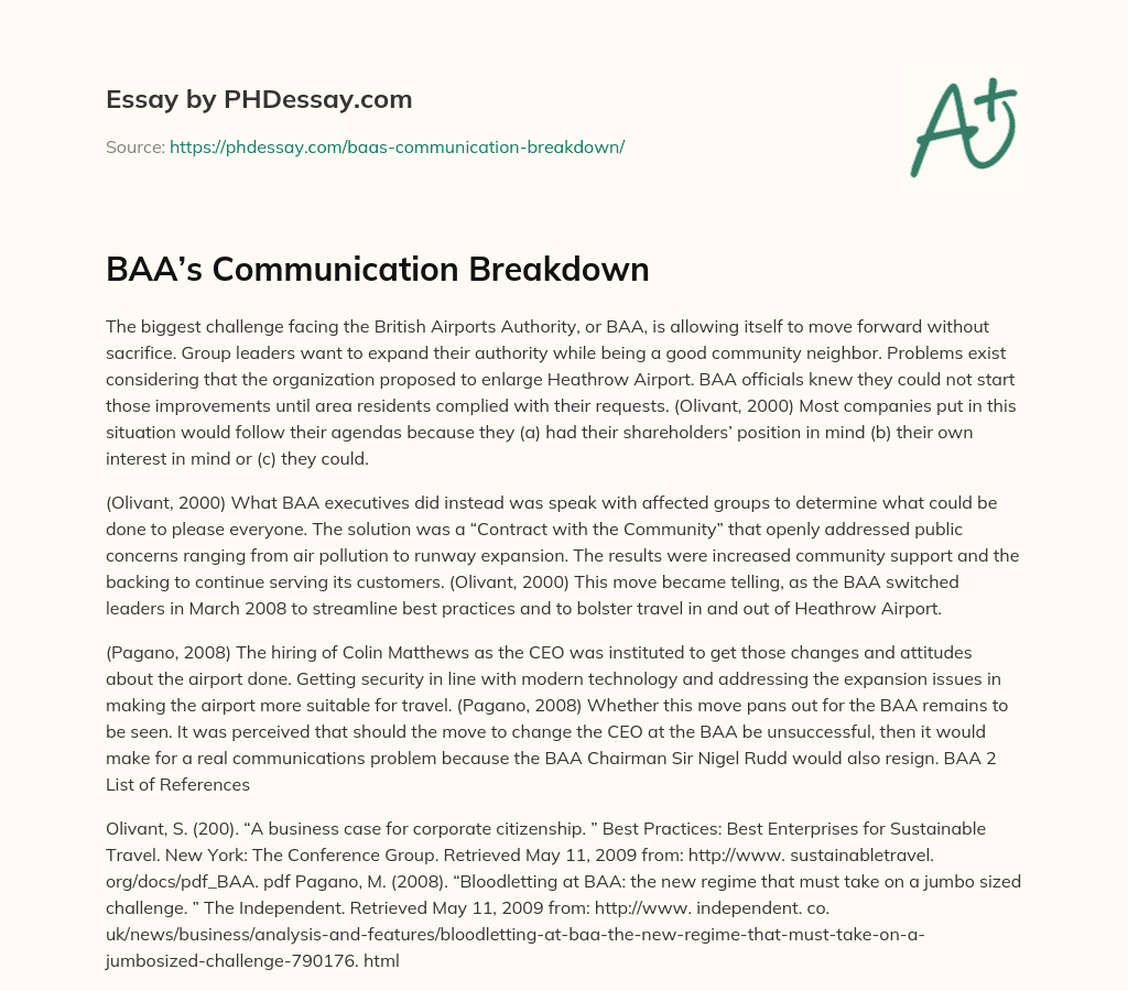 BAA’s Communication Breakdown essay