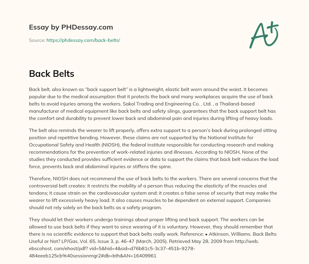 Back Belts: Controversial Claims and Concerns essay