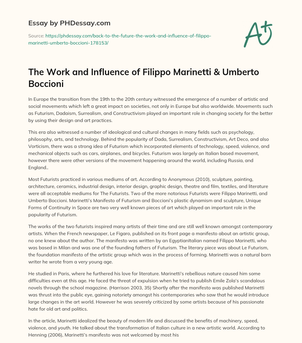 The Work and Influence of Filippo Marinetti & Umberto Boccioni essay