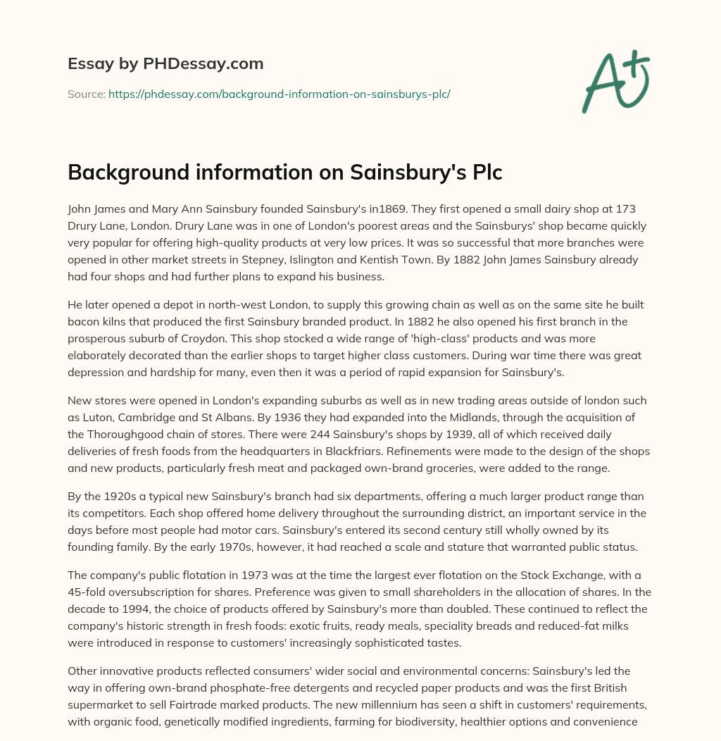 Background information on Sainsbury’s Plc essay