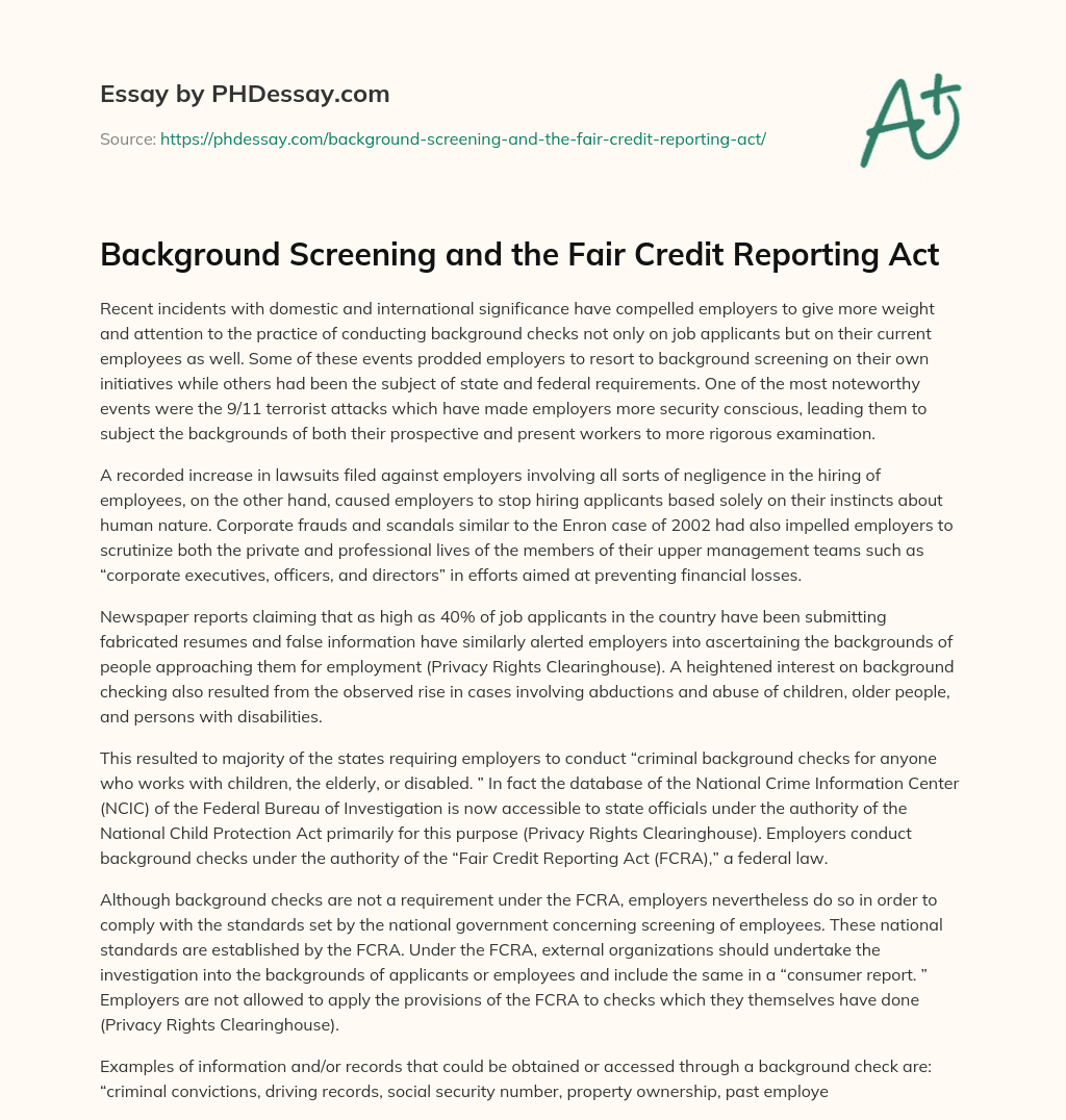 Background Screening and the Fair Credit Reporting Act essay