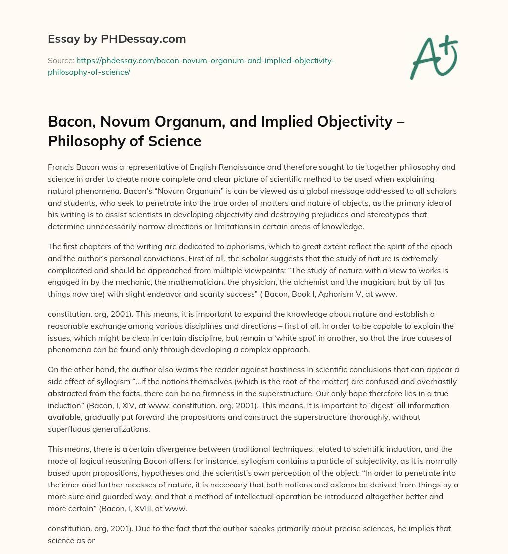Bacon, Novum Organum, and Implied Objectivity – Philosophy of Science essay